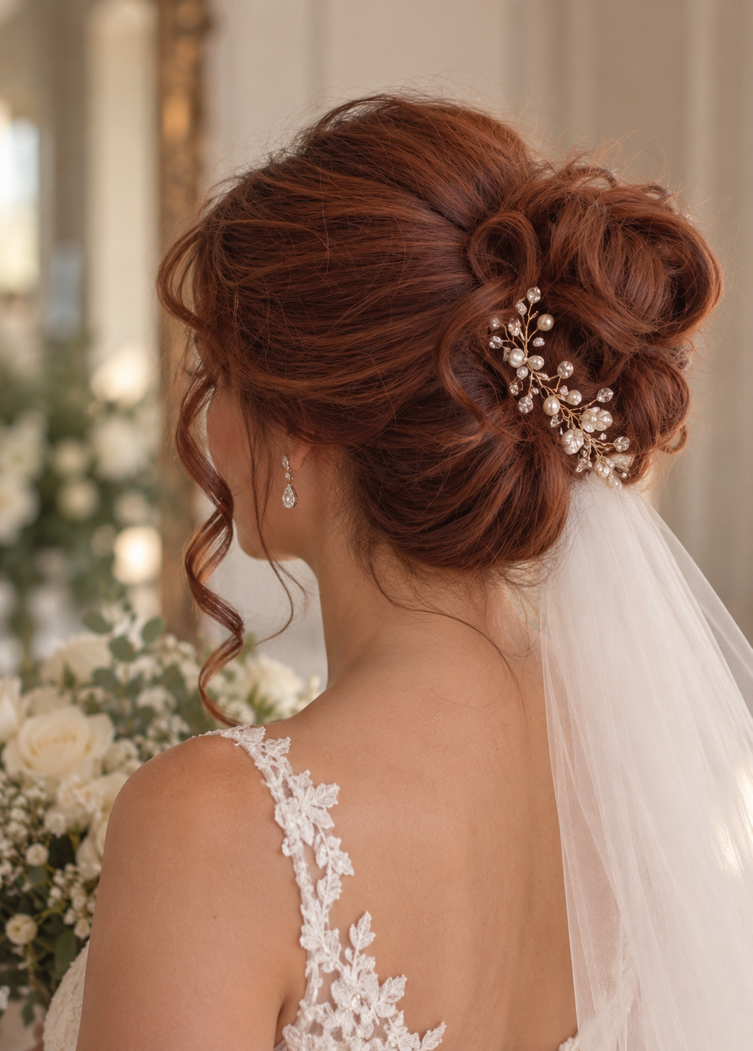 Auburn bridal updo with pearl hairpiece and veil by Capuano Bridal