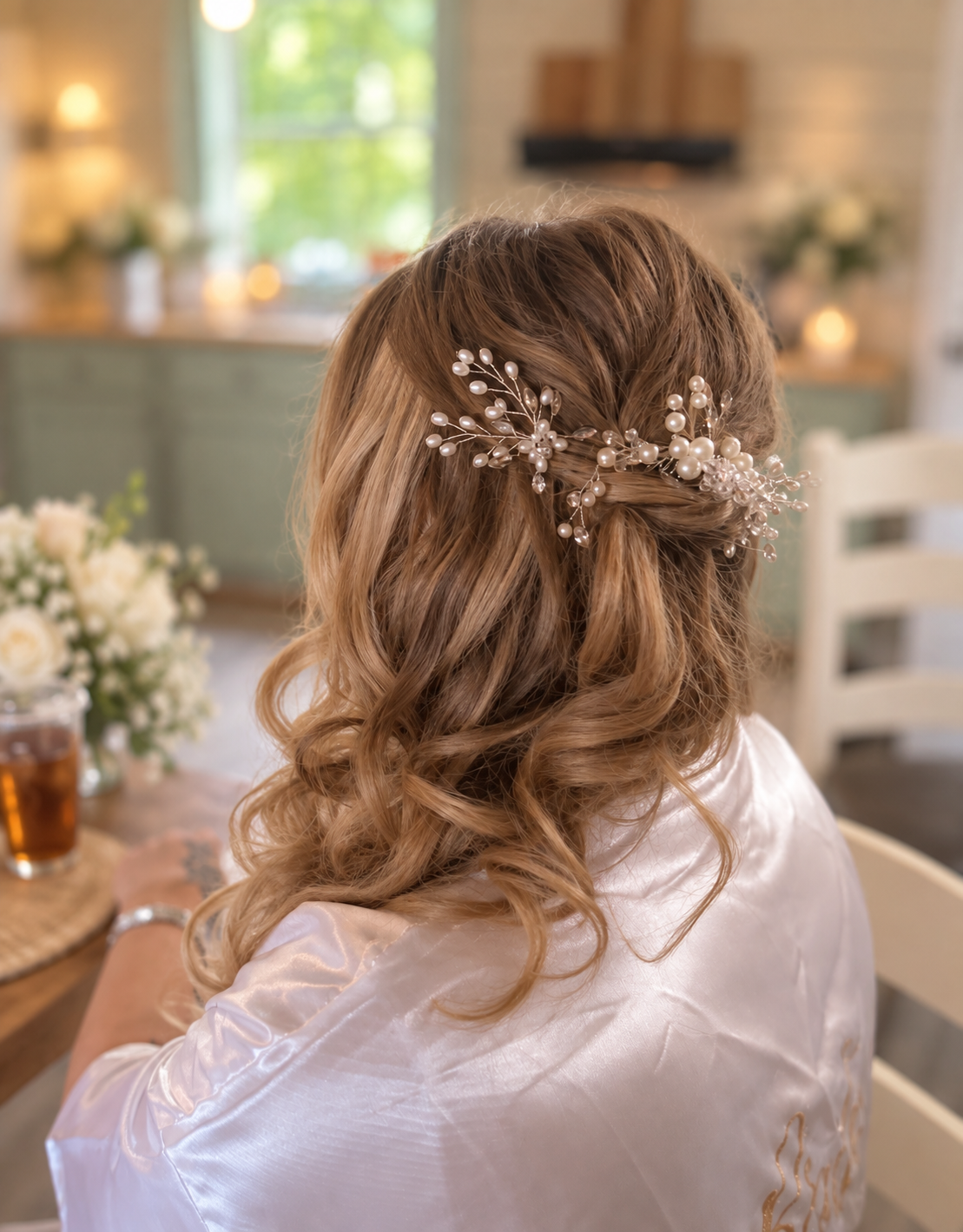 Half-up bridal curls with pearl and crystal hairpiece by Capuano Bridal