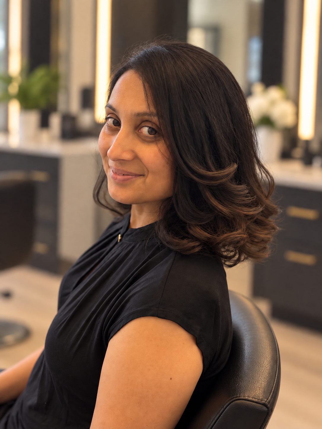 Polished shoulder-length brunette curls by Capuano Bridal