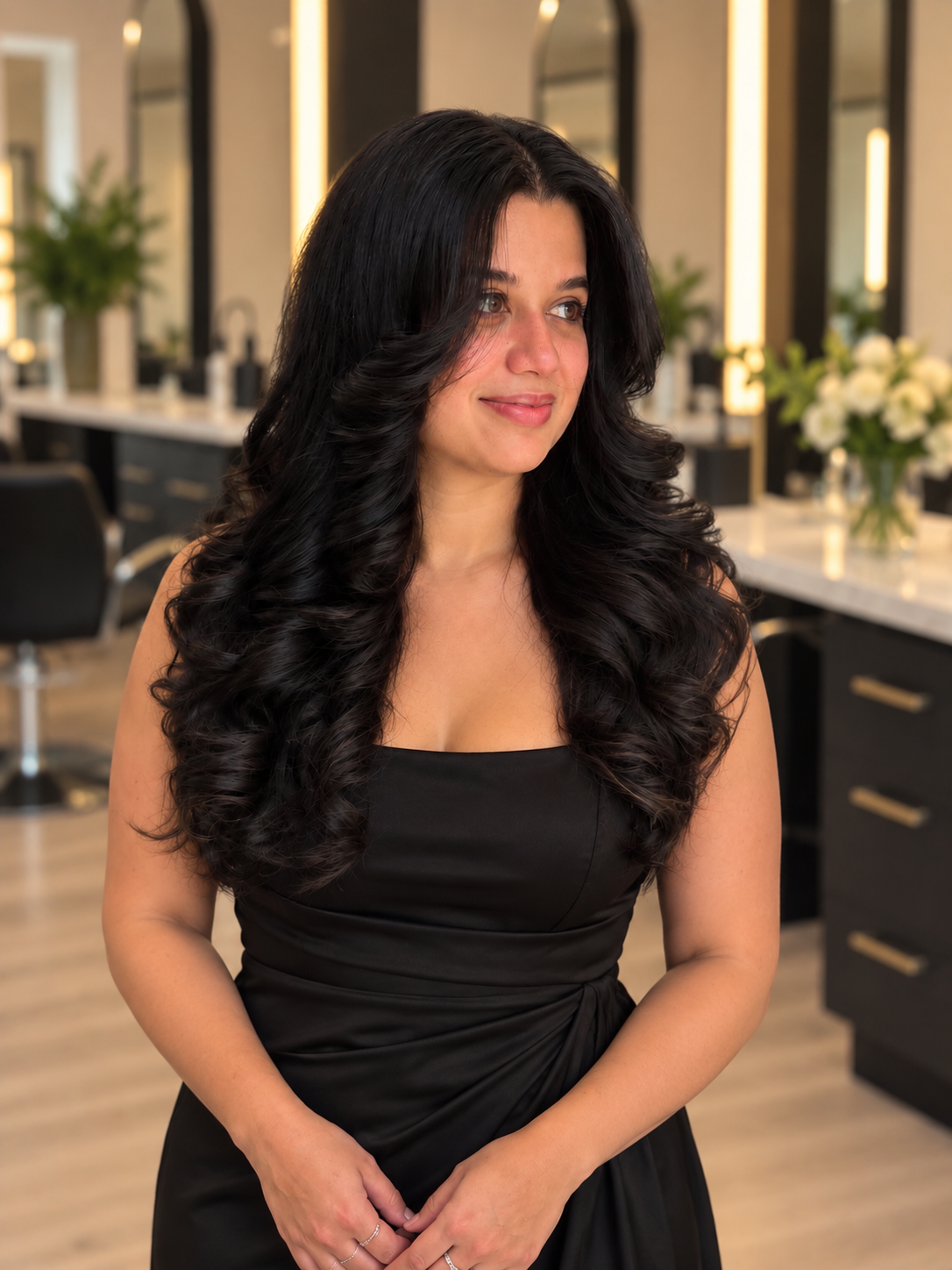 Long glossy dark formal curls by Capuano Bridal
