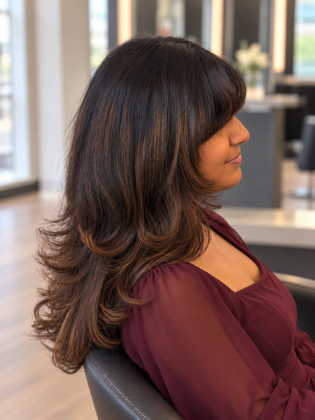 Glossy layered dark curls styled by Capuano Bridal