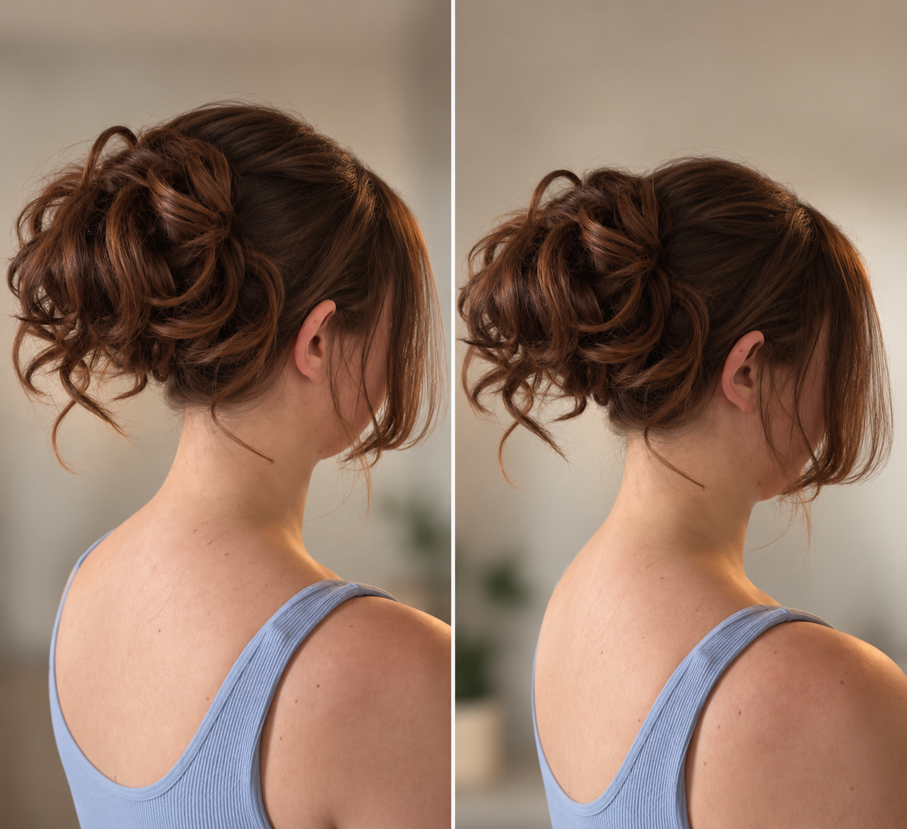 Textured brunette updo by Capuano Bridal shown from two angles